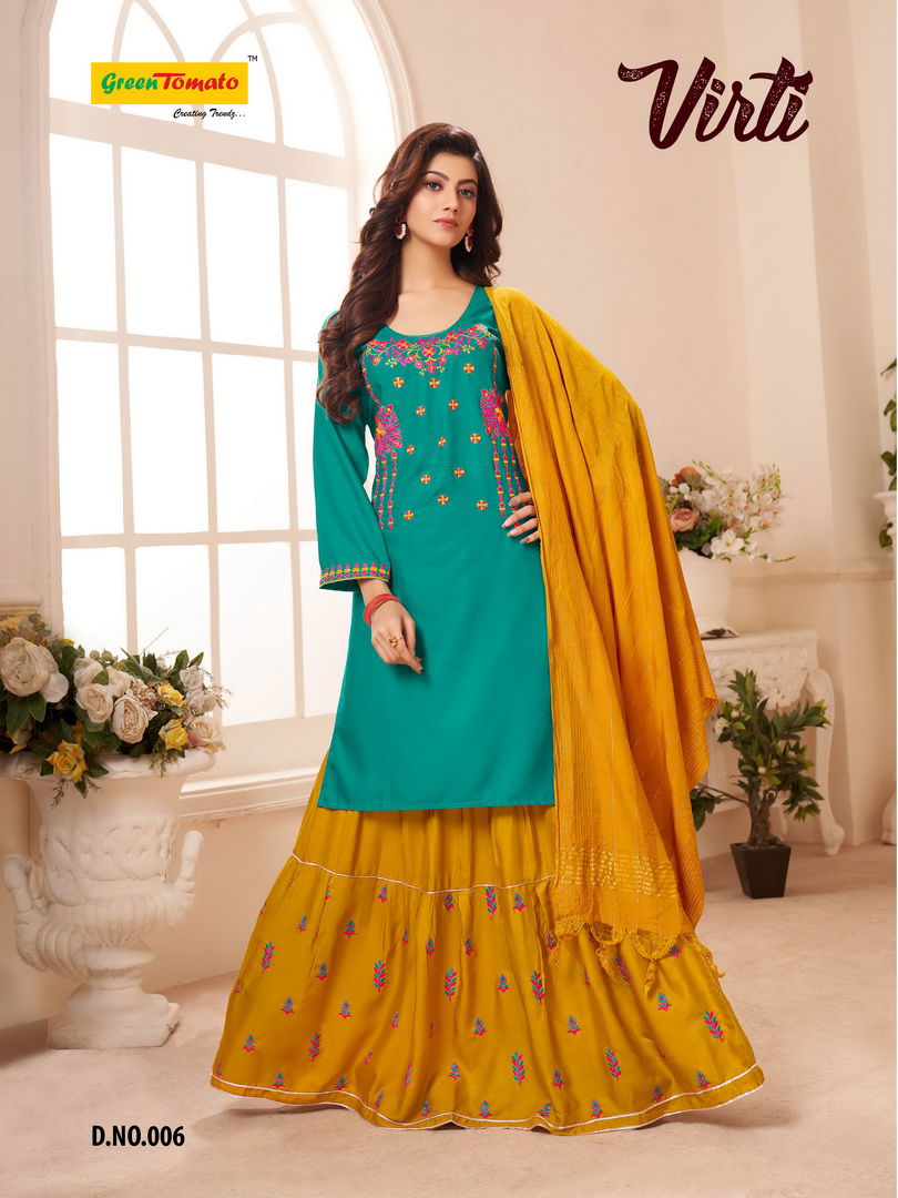Master Virti Designer Latest Heavy Rayon Top With Embroidery Work Kurti With Skirt And Fancy Dupatta Collection